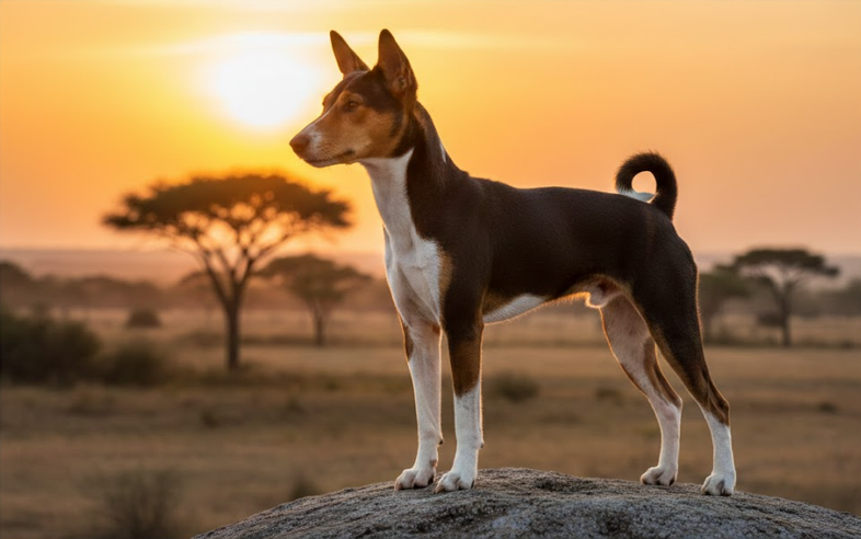 Basenji standing outdoors at sunset